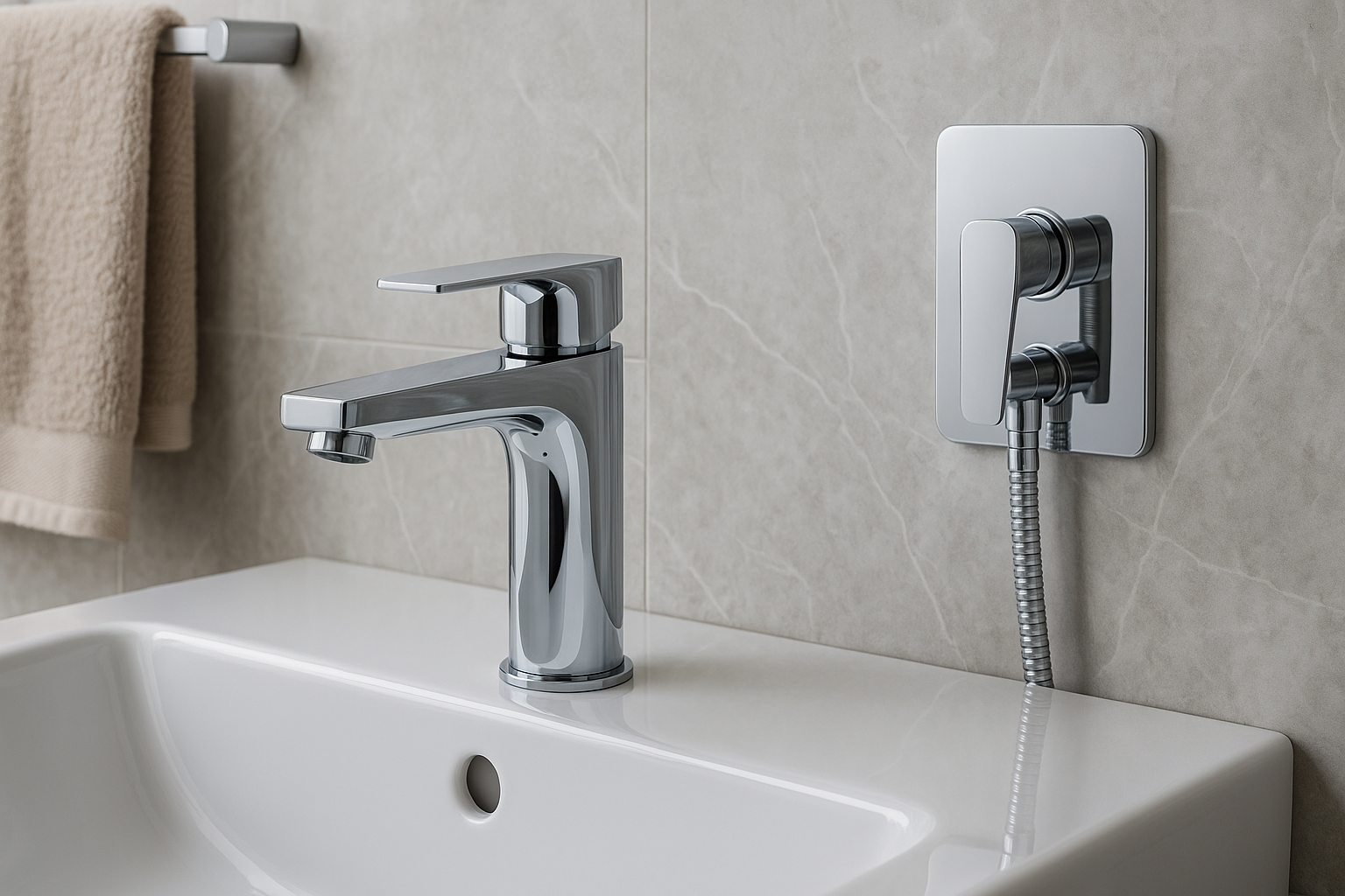 Close-up de misturador cromado e registro de ducha embutido em parede com revestimento de mármore claro em banheiro contemporâneo.