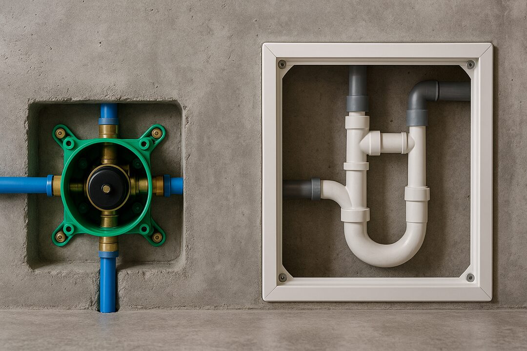 Instalação hidrossanitária com smart box e câmara emoldurada embutidos em parede de concreto, mostrando tubulações organizadas.