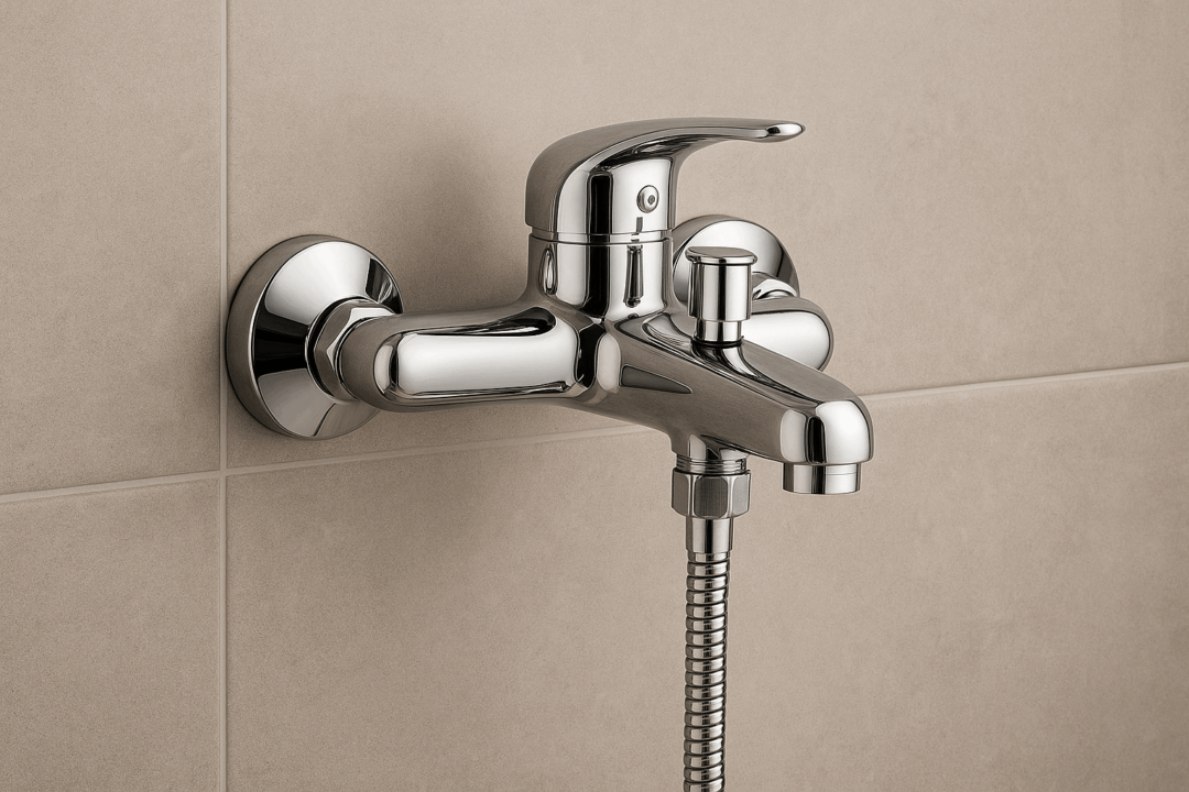 Misturador monocomando externo cromado para ducha manual instalado em parede revestida.