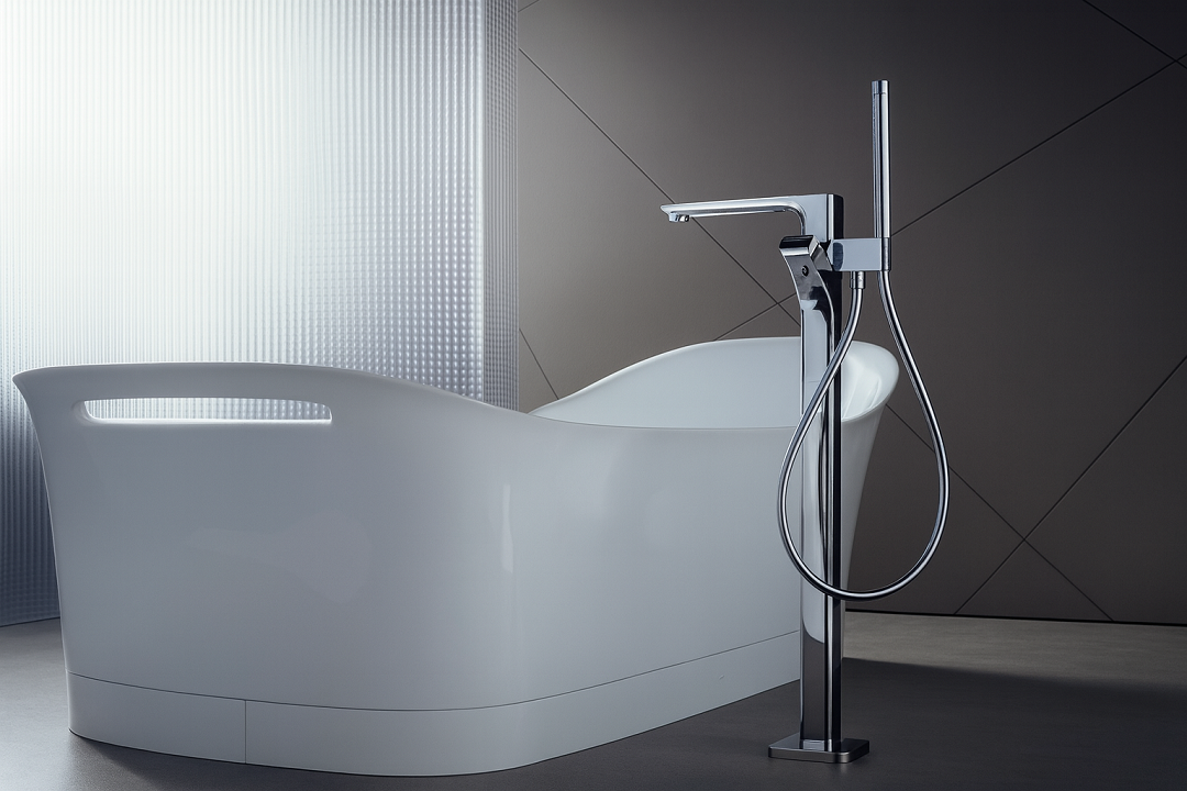 Misturador de piso cromado com ducha manual ao lado de uma banheira freestanding moderna em ambiente minimalista.