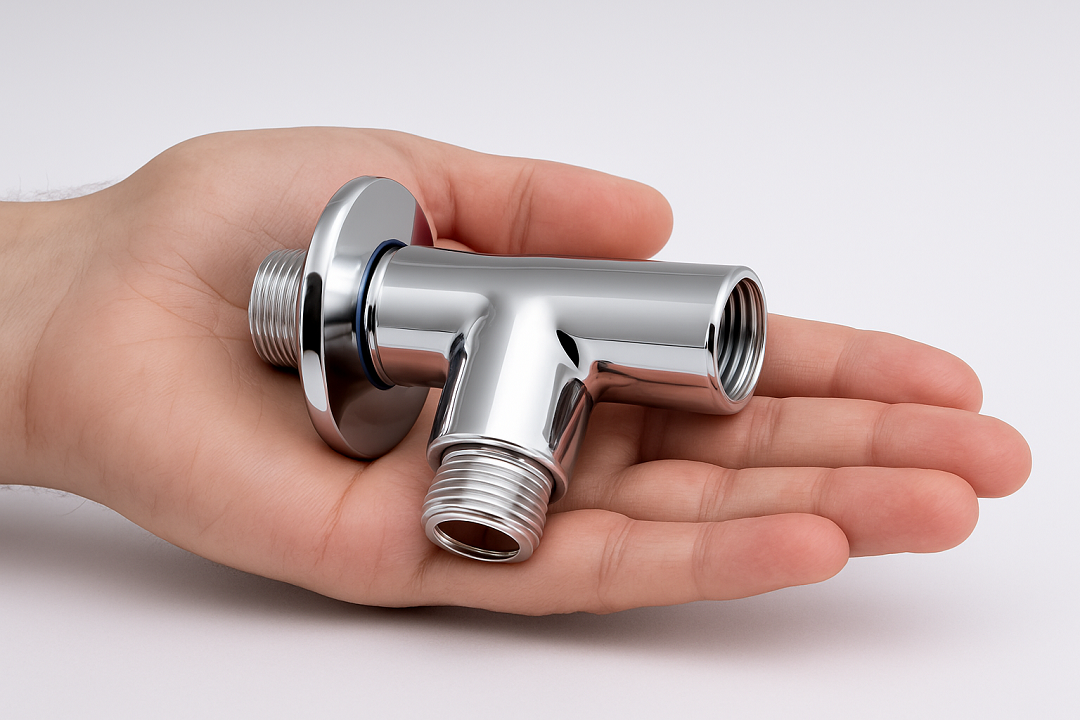 T desviador cromado apoiado na palma de uma mão aberta, com acabamento polido e conexões roscadas para ducha e chuveiro.