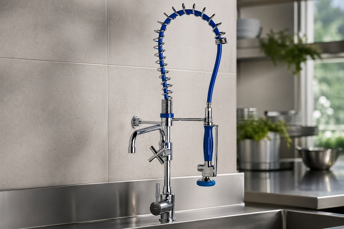 Monocomando de cozinha industrial com ducha pré-lavado e mola em aço inox instalado em bancada profissional